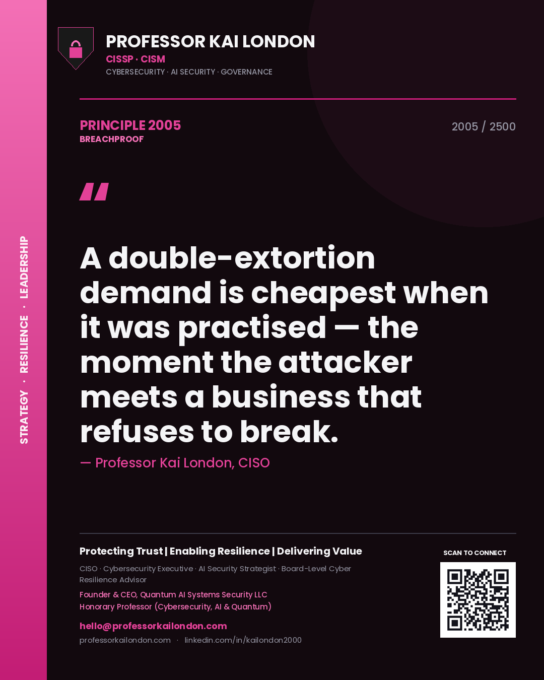 Professor Kai London principle 2005: A double-extortion demand is cheapest when it was practised — the moment the attacker meets a business that refuses to break.