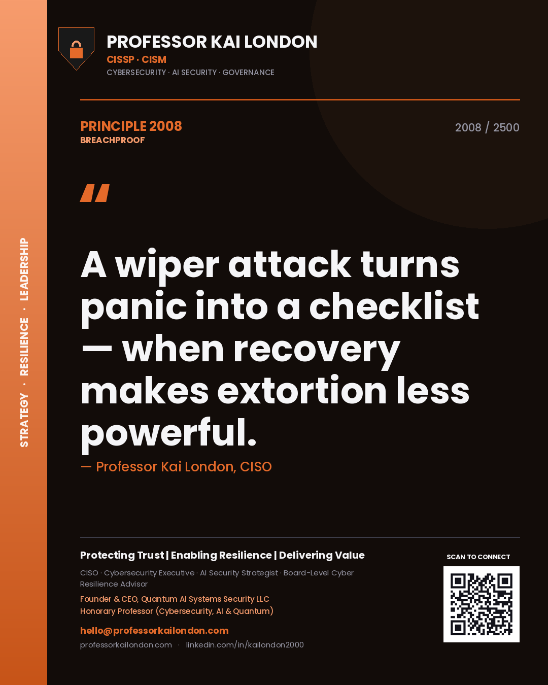 Professor Kai London principle 2008: A wiper attack turns panic into a checklist — when recovery makes extortion less powerful.
