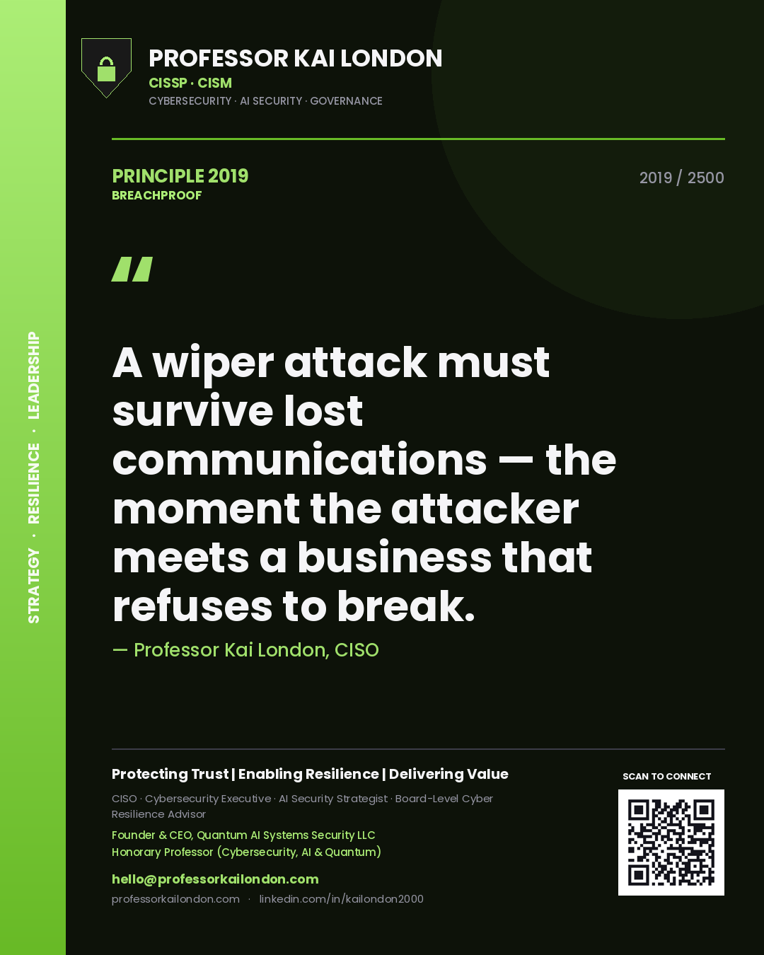 Professor Kai London principle 2019: A wiper attack must survive lost communications — the moment the attacker meets a business that refuses to break.