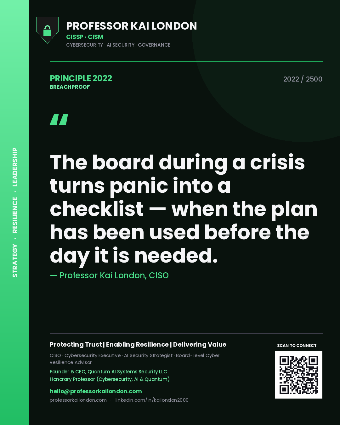 Professor Kai London principle 2022: The board during a crisis turns panic into a checklist — when the plan has been used before the day it is needed.