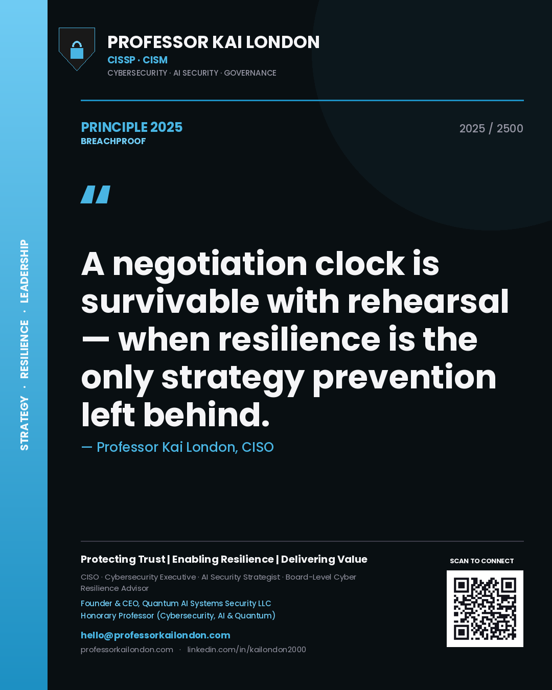 Professor Kai London principle 2025: A negotiation clock is survivable with rehearsal — when resilience is the only strategy prevention left behind.