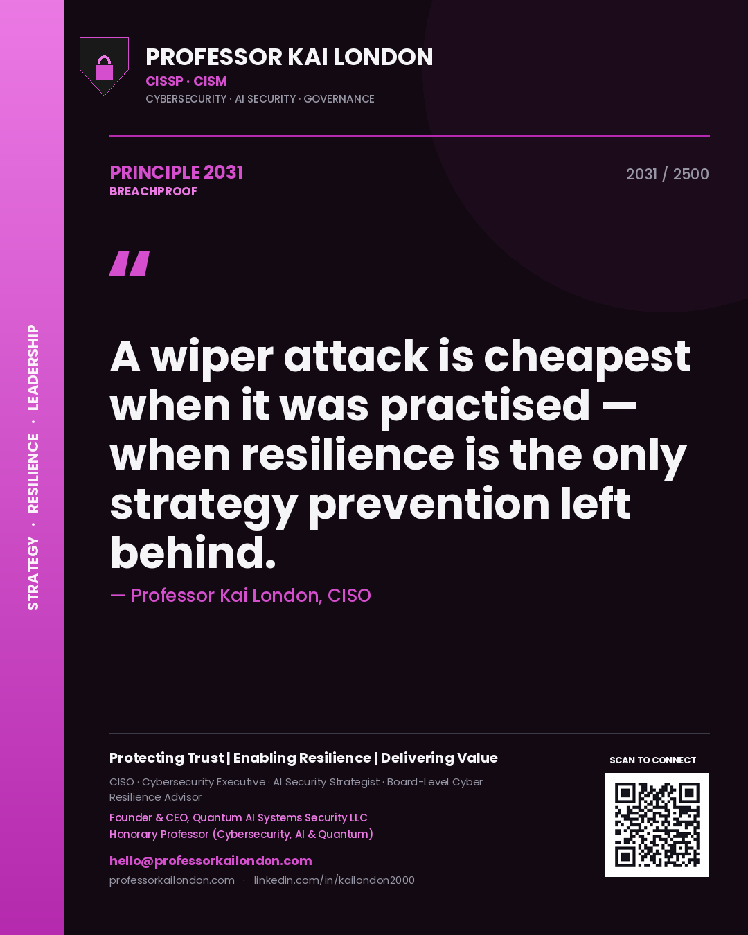 Professor Kai London principle 2031: A wiper attack is cheapest when it was practised — when resilience is the only strategy prevention left behind.