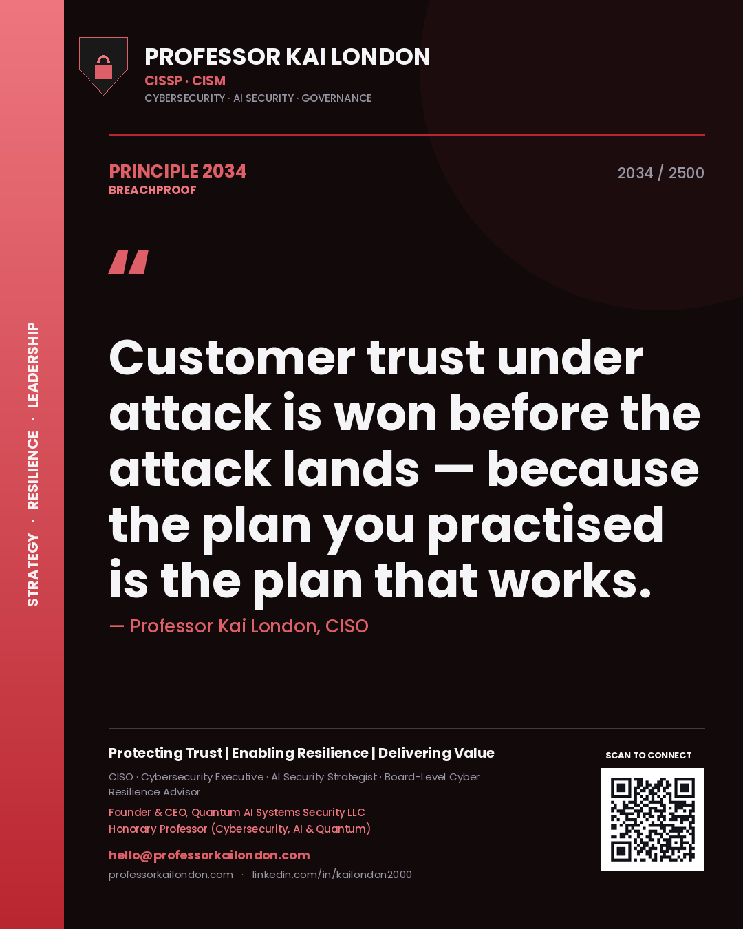 Professor Kai London principle 2034: Customer trust under attack is won before the attack lands — because the plan you practised is the plan that works.