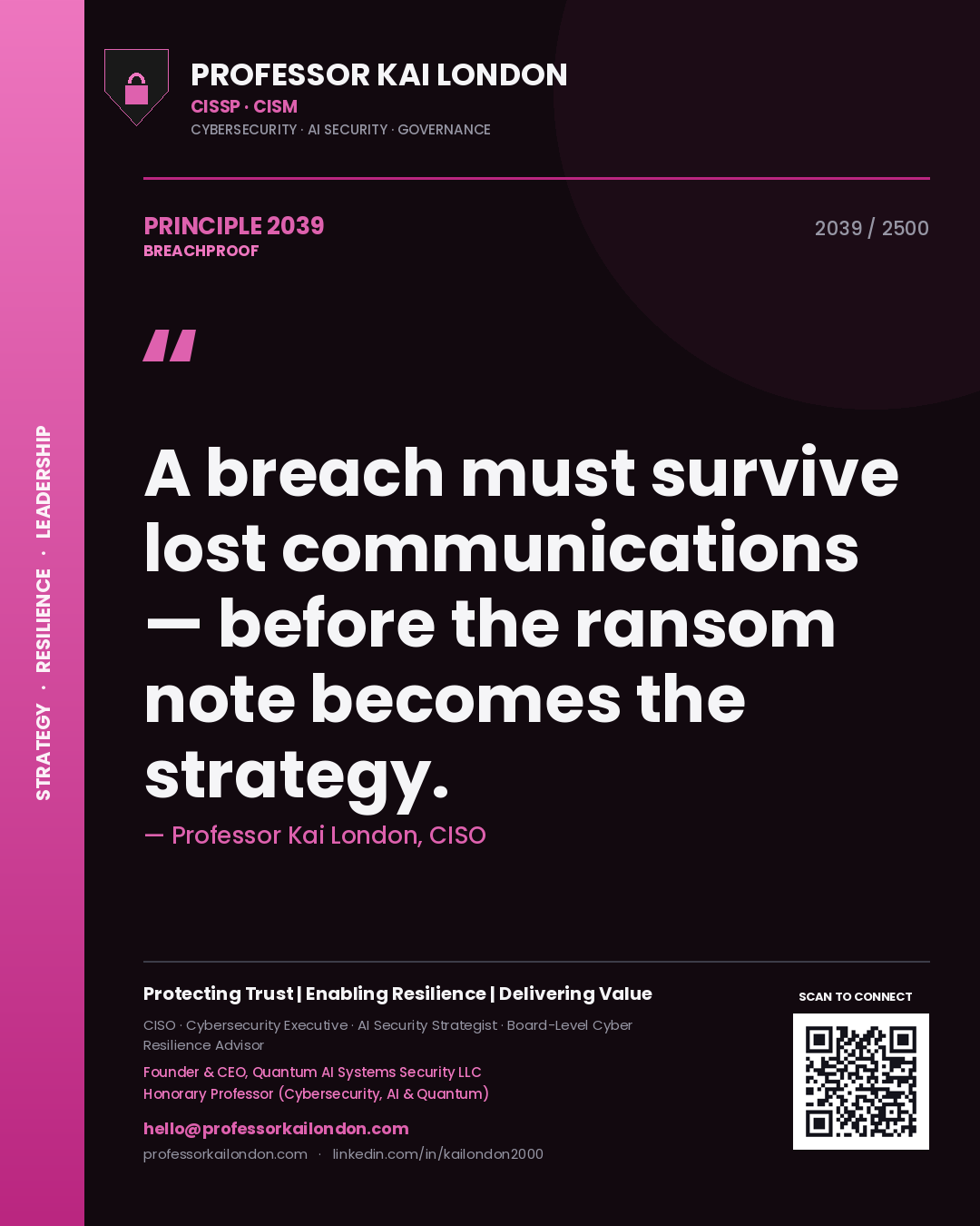 Professor Kai London principle 2039: A breach must survive lost communications — before the ransom note becomes the strategy.