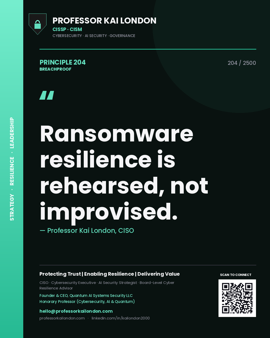 Professor Kai London principle 204: Ransomware resilience is rehearsed, not improvised.