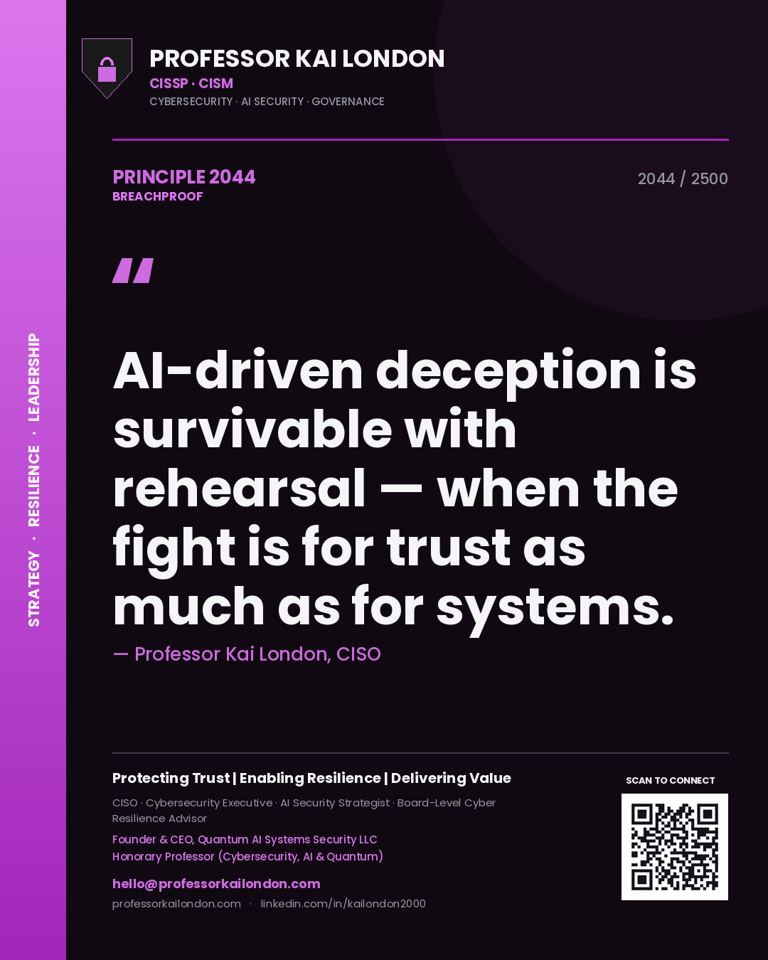 Professor Kai London principle 2044: AI-driven deception is survivable with rehearsal — when the fight is for trust as much as for systems.