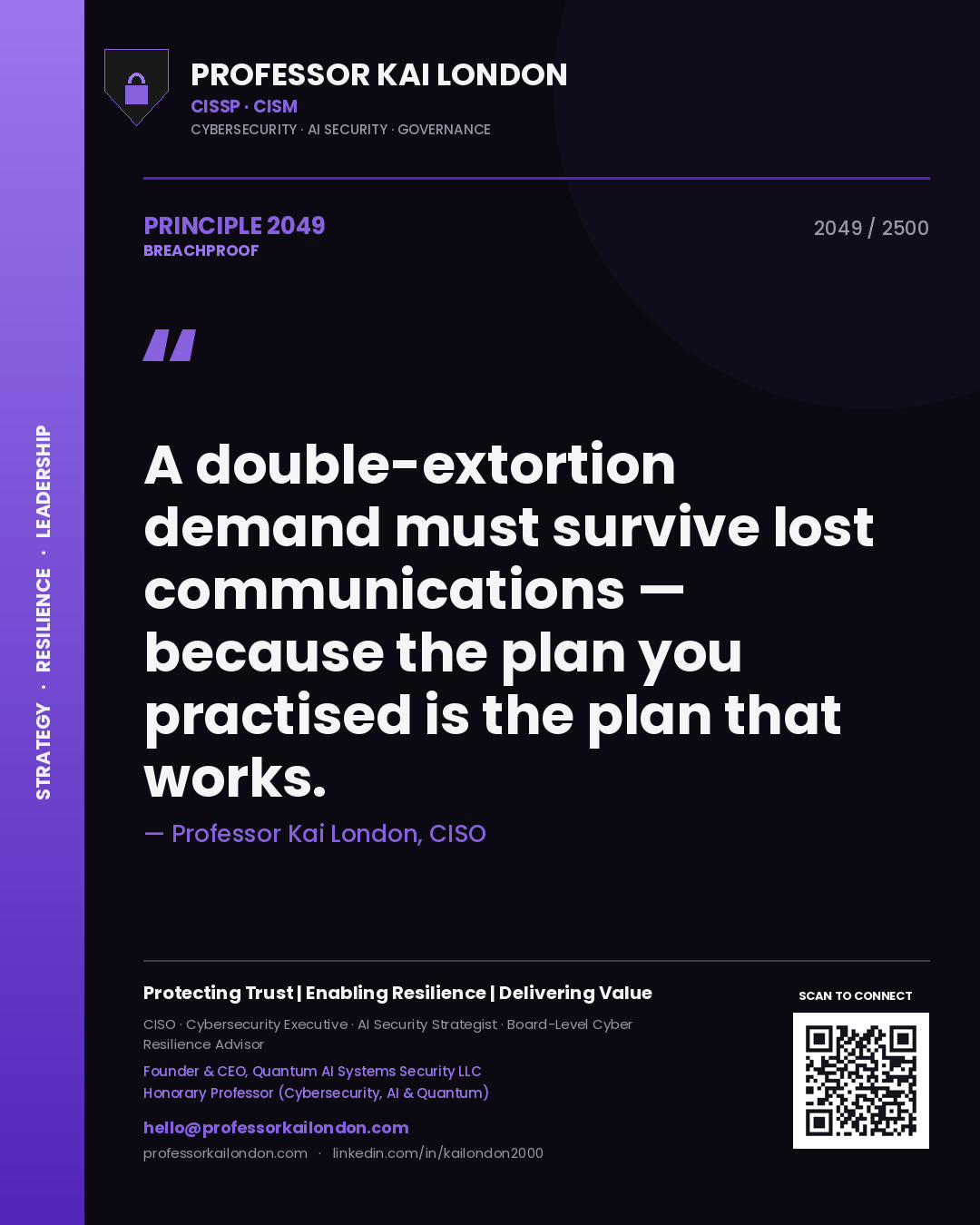 Professor Kai London principle 2049: A double-extortion demand must survive lost communications — because the plan you practised is the plan that works.