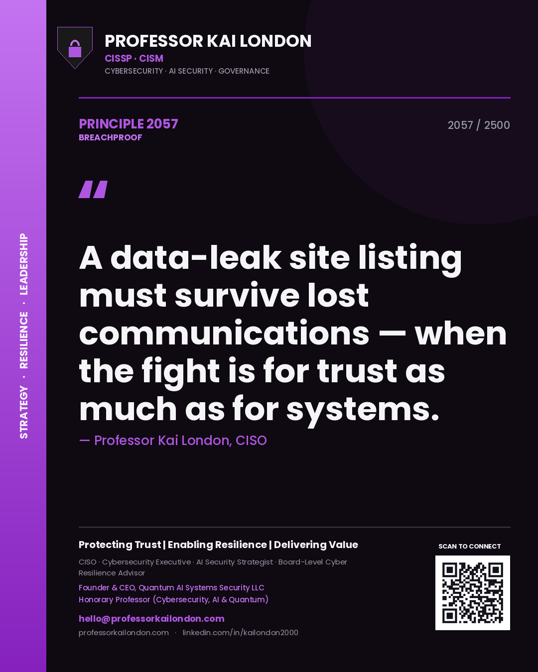 Professor Kai London principle 2057: A data-leak site listing must survive lost communications — when the fight is for trust as much as for systems.