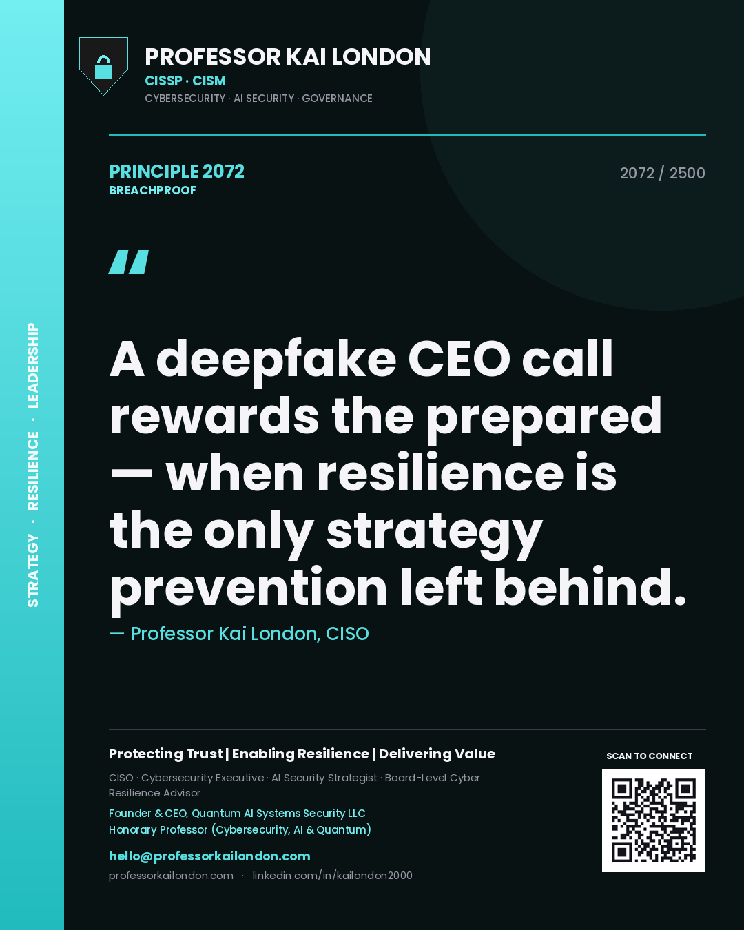 Professor Kai London principle 2072: A deepfake CEO call rewards the prepared — when resilience is the only strategy prevention left behind.