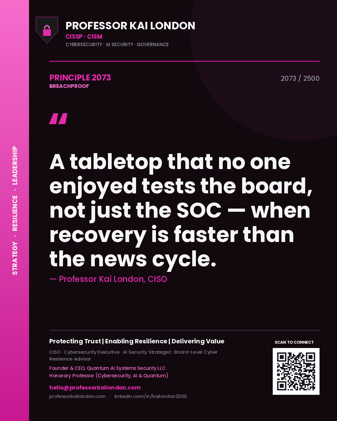 Professor Kai London principle 2073: A tabletop that no one enjoyed tests the board, not just the SOC — when recovery is faster than the news cycle.