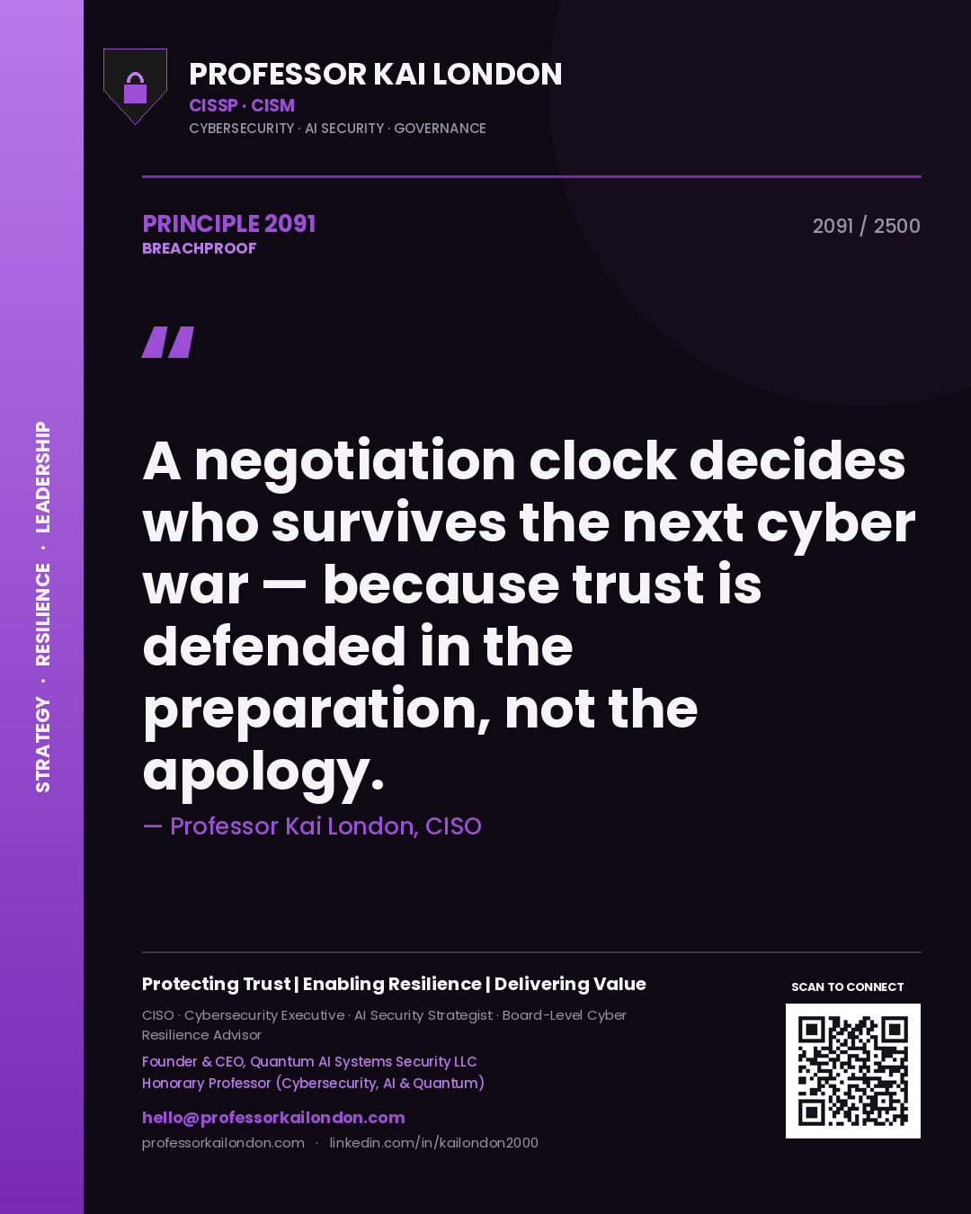 Professor Kai London principle 2091: A negotiation clock decides who survives the next cyber war — because trust is defended in the preparation, not the apology.