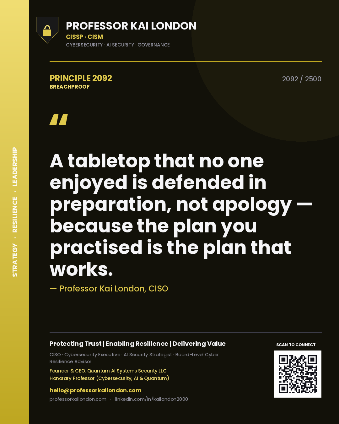 Professor Kai London principle 2092: A tabletop that no one enjoyed is defended in preparation, not apology — because the plan you practised is the plan that works.
