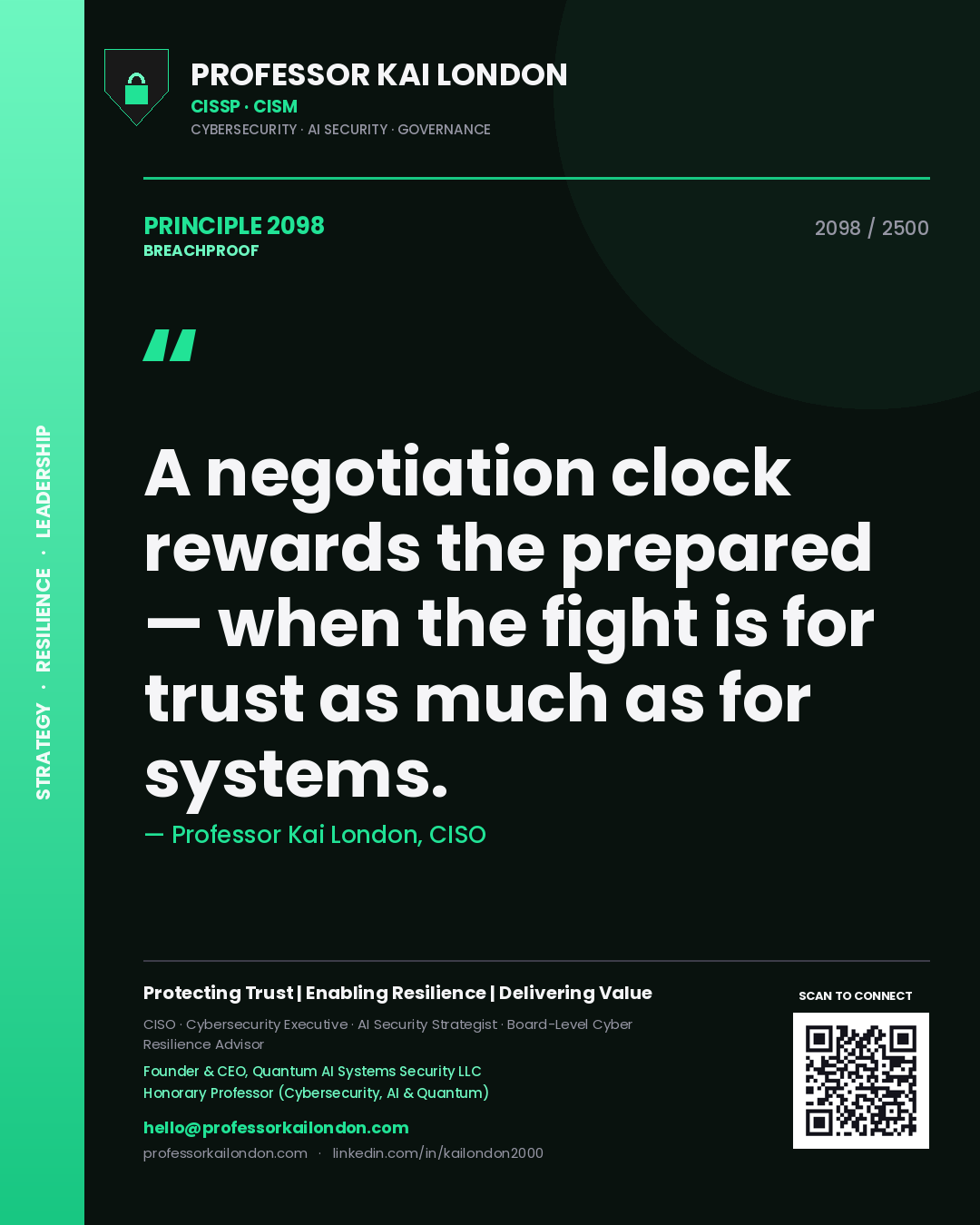 Professor Kai London principle 2098: A negotiation clock rewards the prepared — when the fight is for trust as much as for systems.