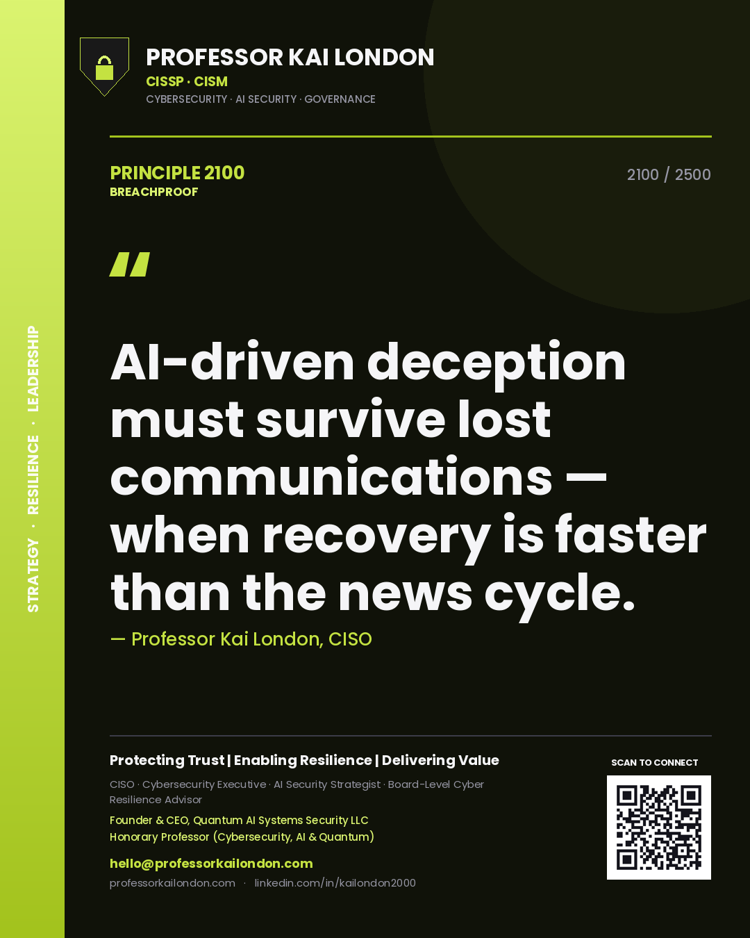Professor Kai London principle 2100: AI-driven deception must survive lost communications — when recovery is faster than the news cycle.