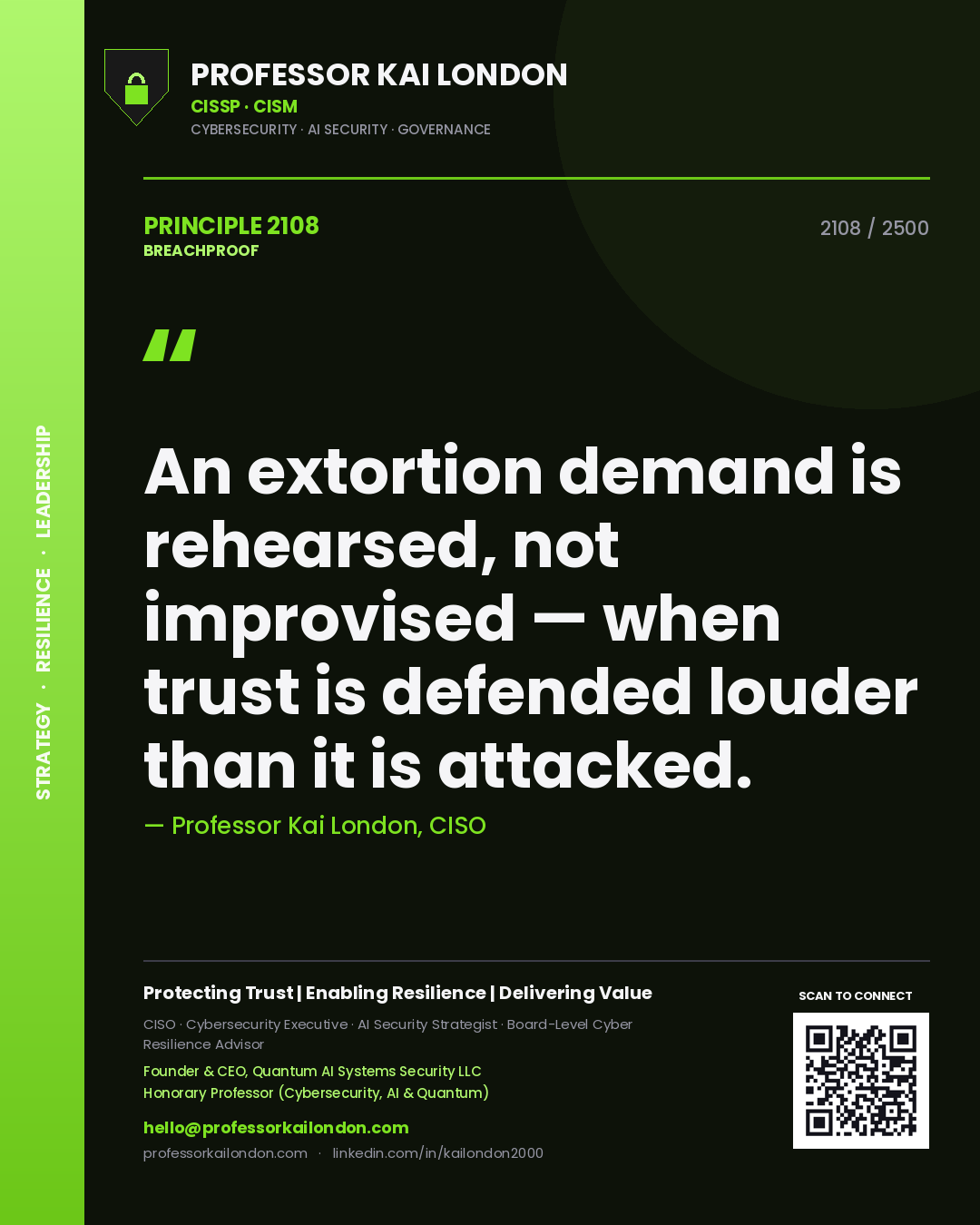 Professor Kai London principle 2108: An extortion demand is rehearsed, not improvised — when trust is defended louder than it is attacked.