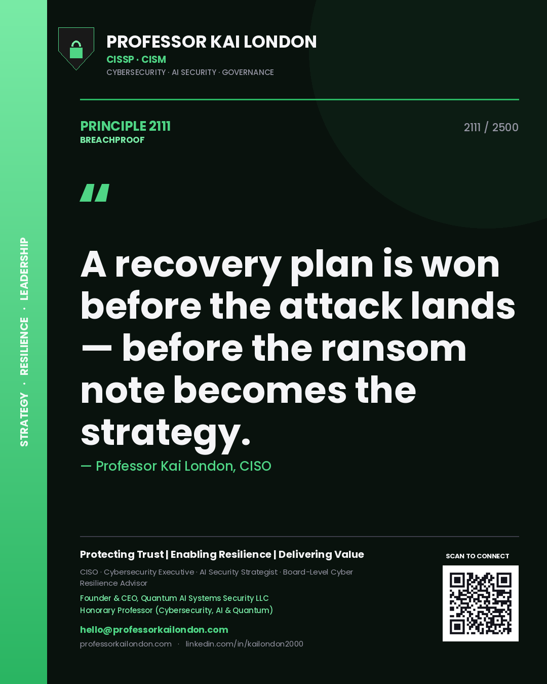 Professor Kai London principle 2111: A recovery plan is won before the attack lands — before the ransom note becomes the strategy.