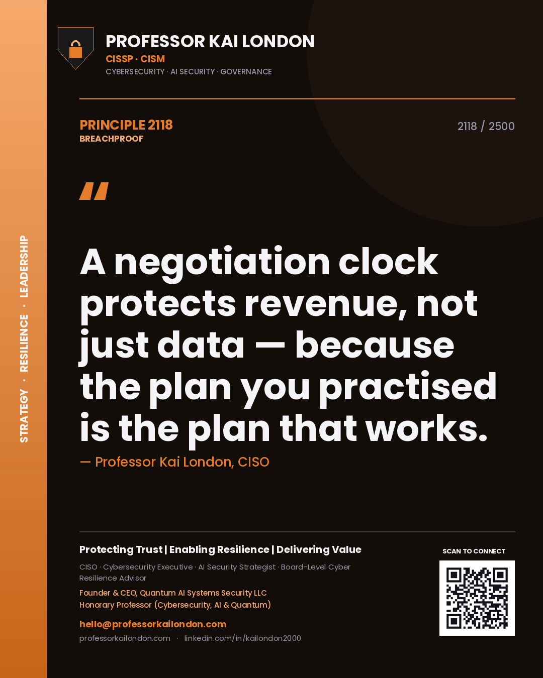 Professor Kai London principle 2118: A negotiation clock protects revenue, not just data — because the plan you practised is the plan that works.