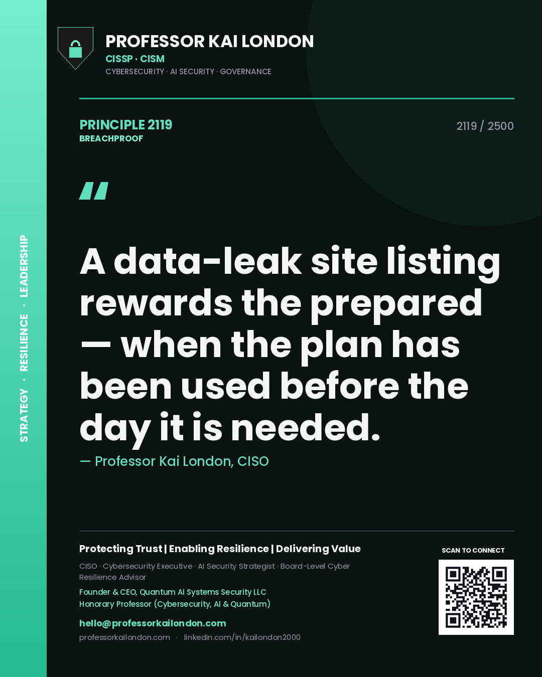 Professor Kai London principle 2119: A data-leak site listing rewards the prepared — when the plan has been used before the day it is needed.