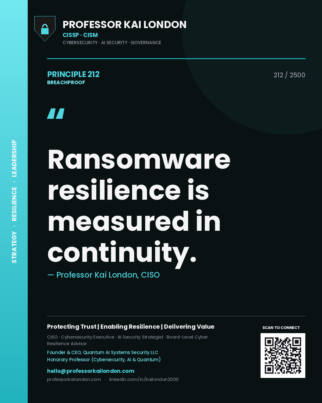 Professor Kai London principle 212: Ransomware resilience is measured in continuity.