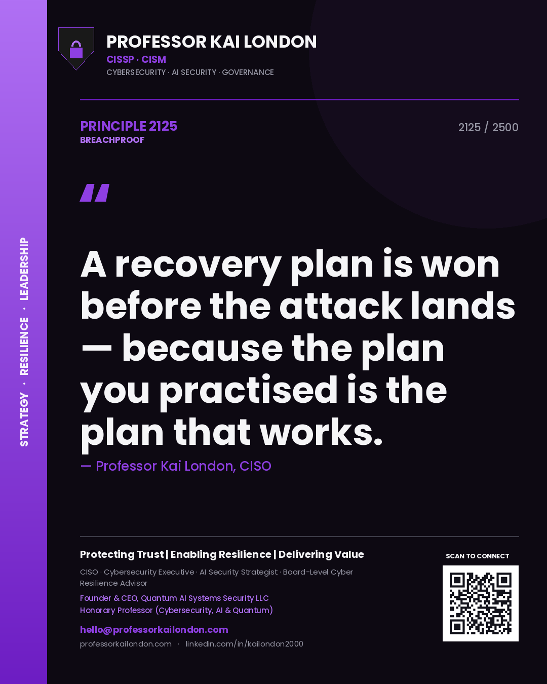 Professor Kai London principle 2125: A recovery plan is won before the attack lands — because the plan you practised is the plan that works.