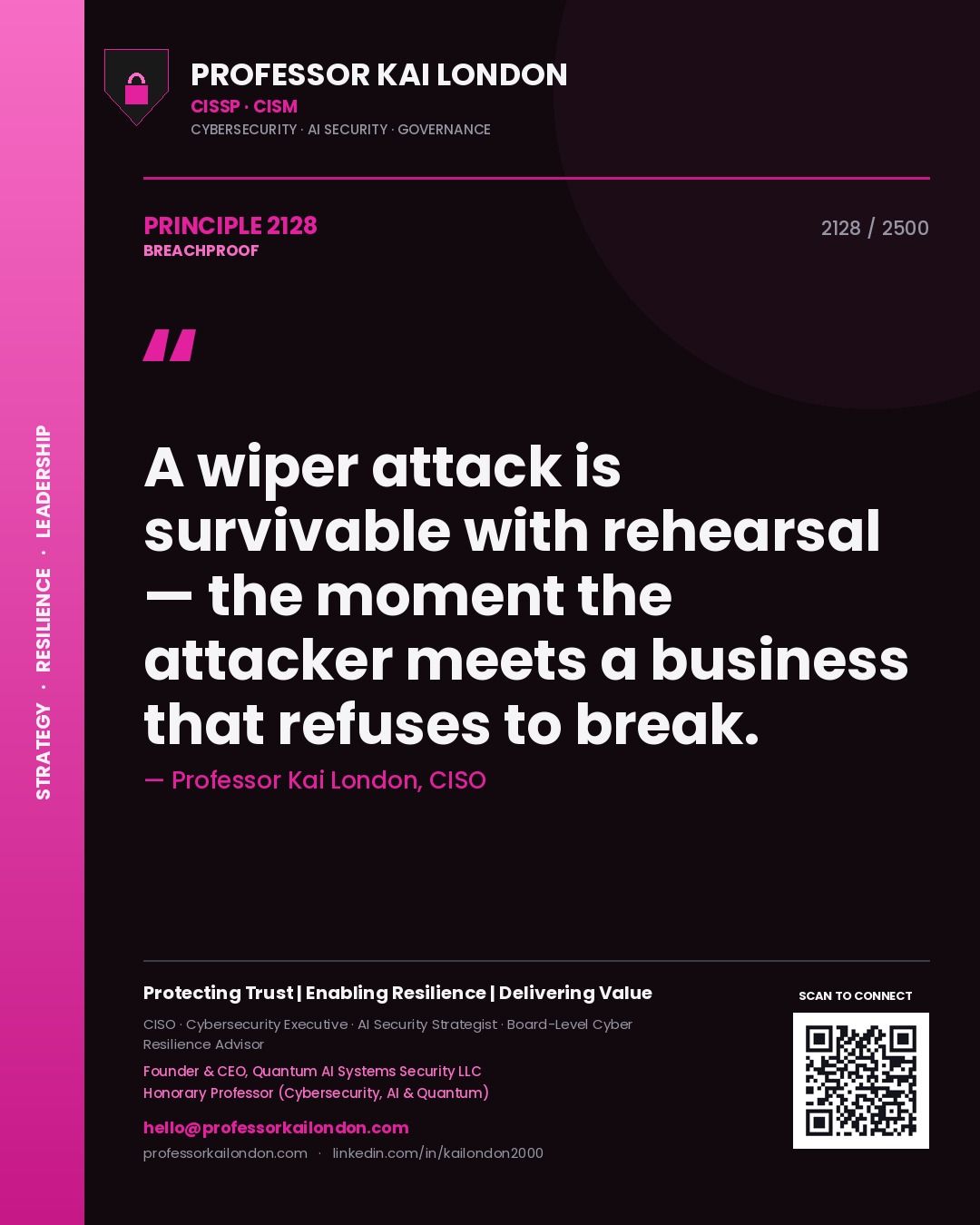 Professor Kai London principle 2128: A wiper attack is survivable with rehearsal — the moment the attacker meets a business that refuses to break.