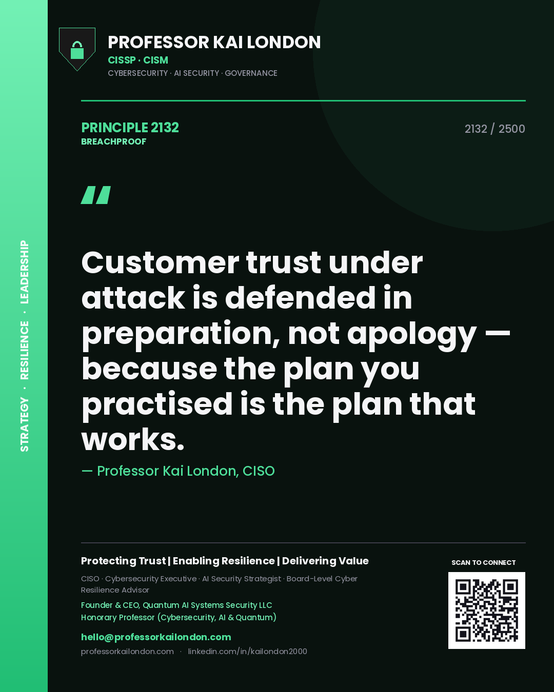 Professor Kai London principle 2132: Customer trust under attack is defended in preparation, not apology — because the plan you practised is the plan that works.