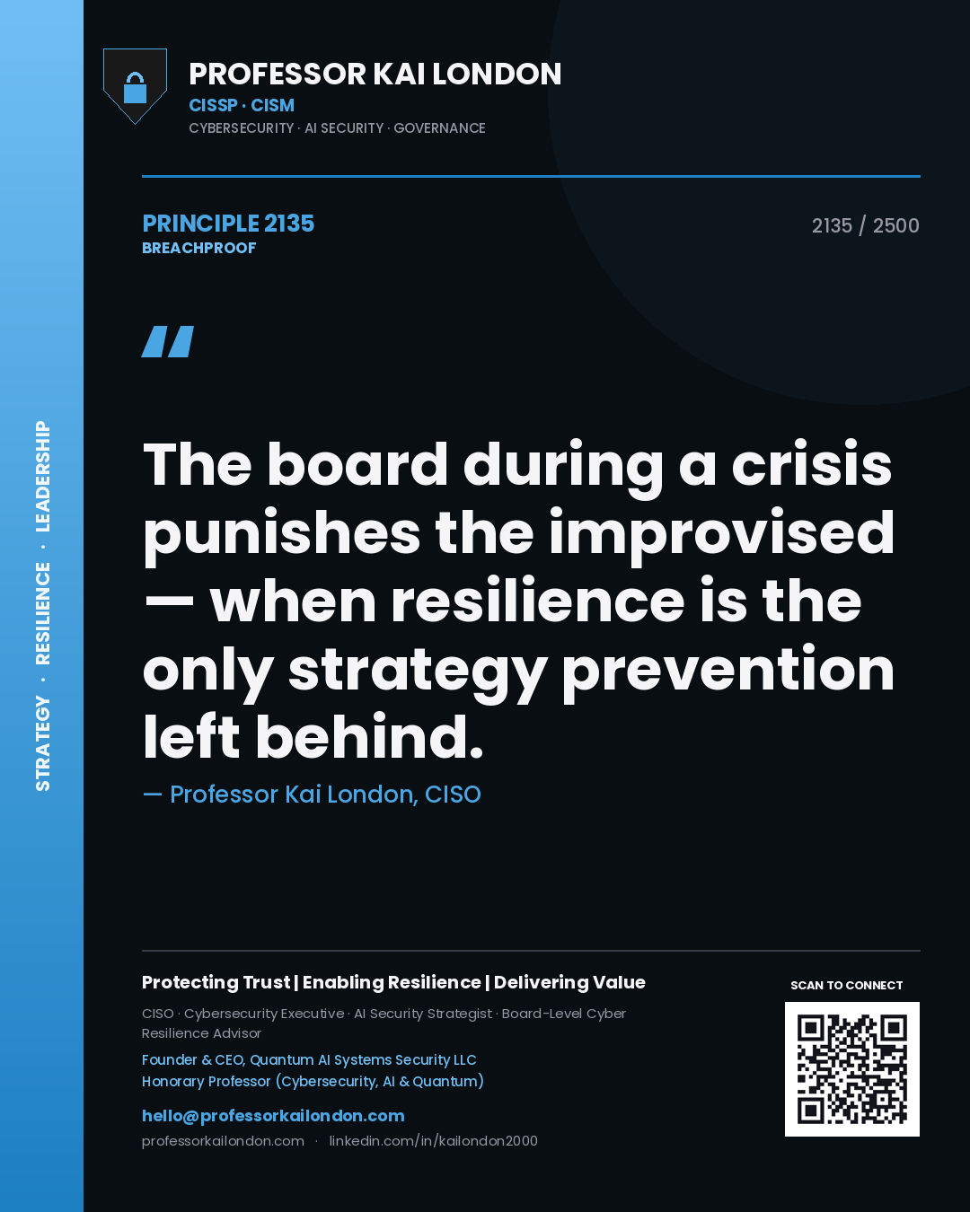 Professor Kai London principle 2135: The board during a crisis punishes the improvised — when resilience is the only strategy prevention left behind.