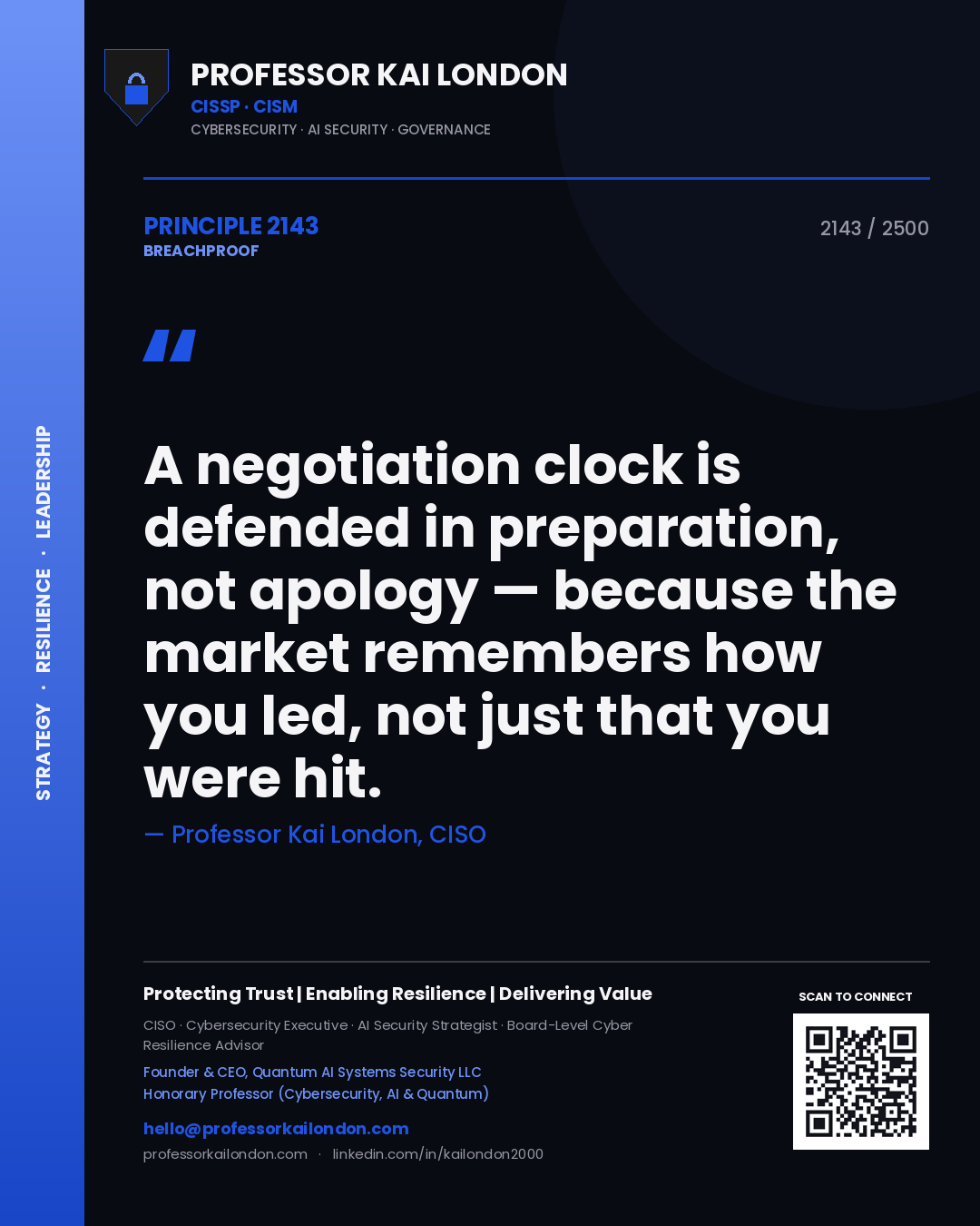 Professor Kai London principle 2143: A negotiation clock is defended in preparation, not apology — because the market remembers how you led, not just that you were hit.