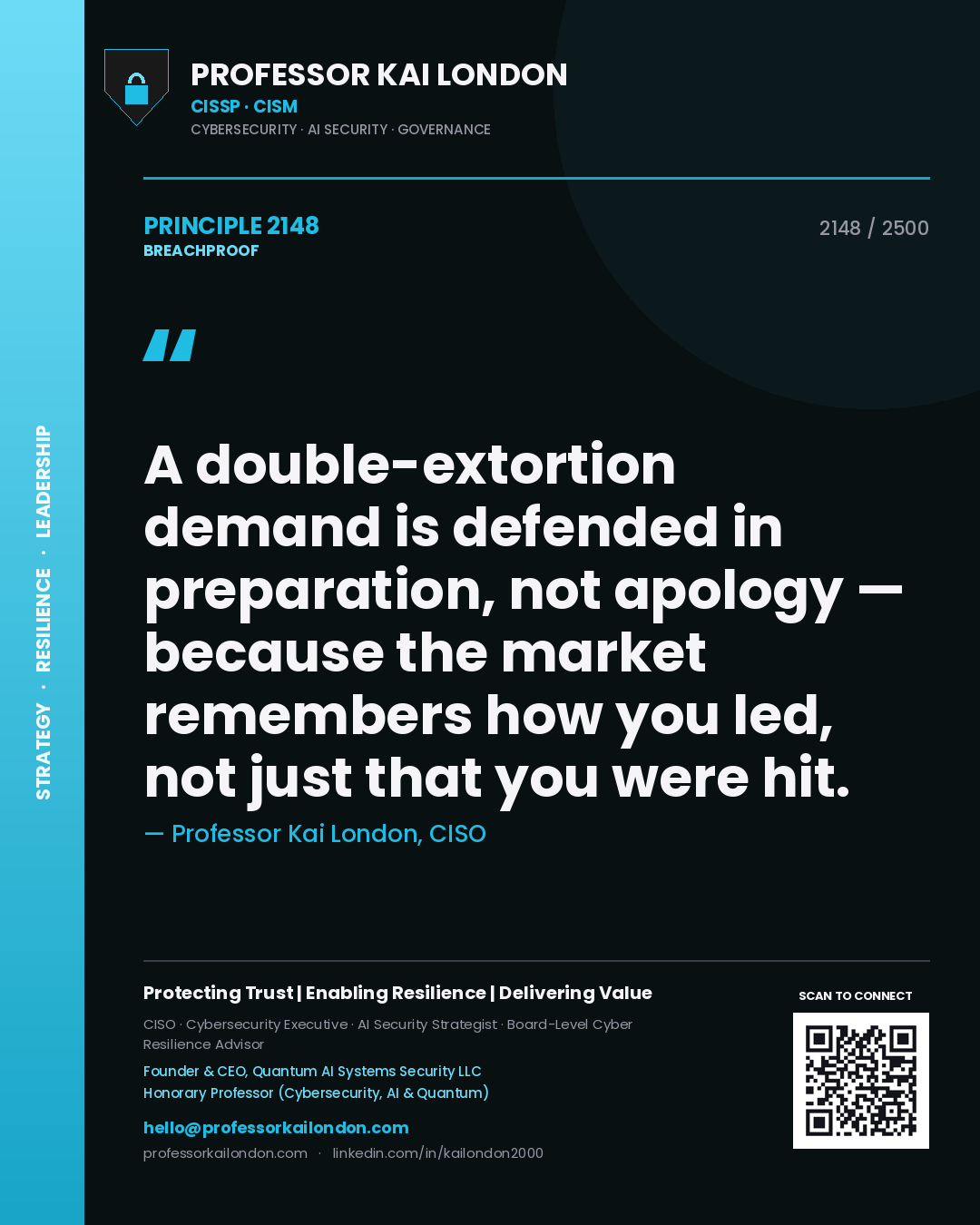 Professor Kai London principle 2148: A double-extortion demand is defended in preparation, not apology — because the market remembers how you led, not just that you were hit.