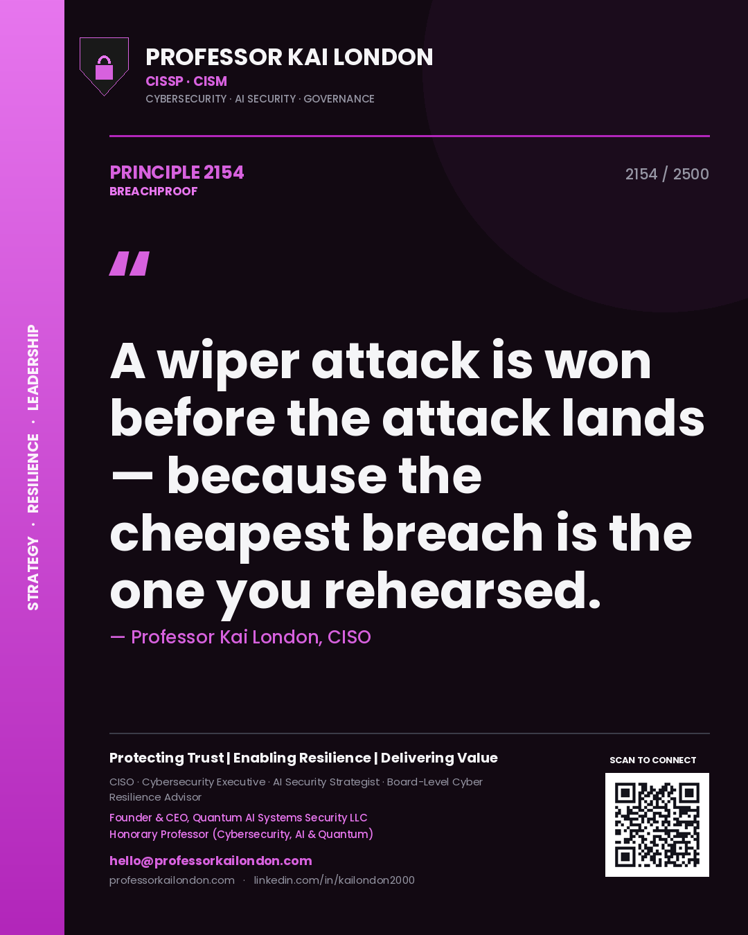 Professor Kai London principle 2154: A wiper attack is won before the attack lands — because the cheapest breach is the one you rehearsed.