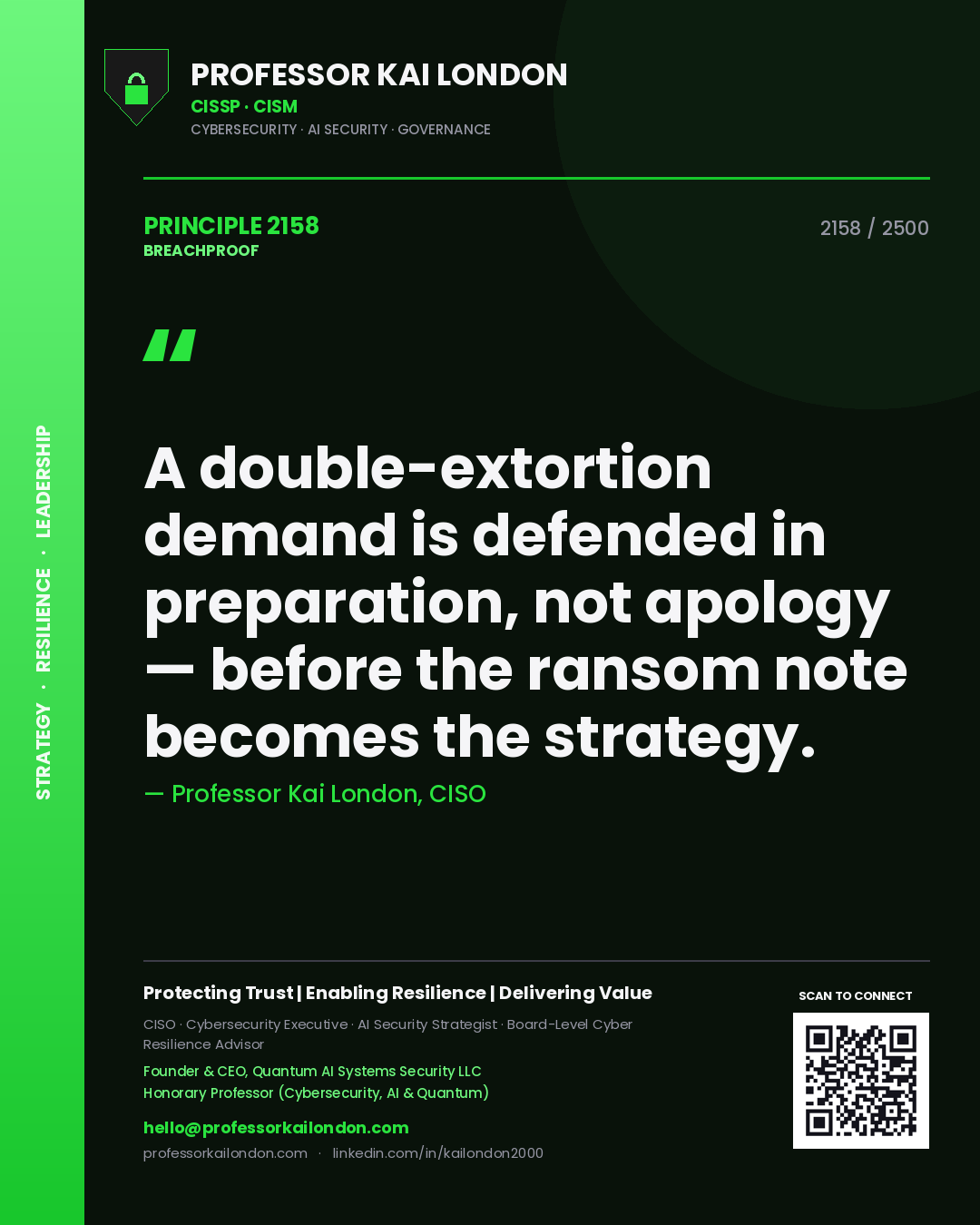 Professor Kai London principle 2158: A double-extortion demand is defended in preparation, not apology — before the ransom note becomes the strategy.
