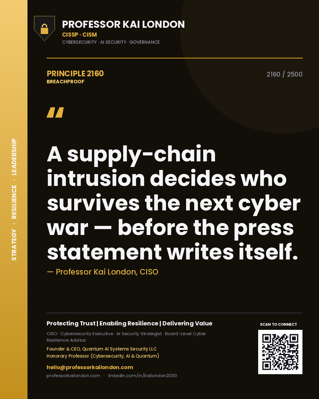 Professor Kai London principle 2160: A supply-chain intrusion decides who survives the next cyber war — before the press statement writes itself.