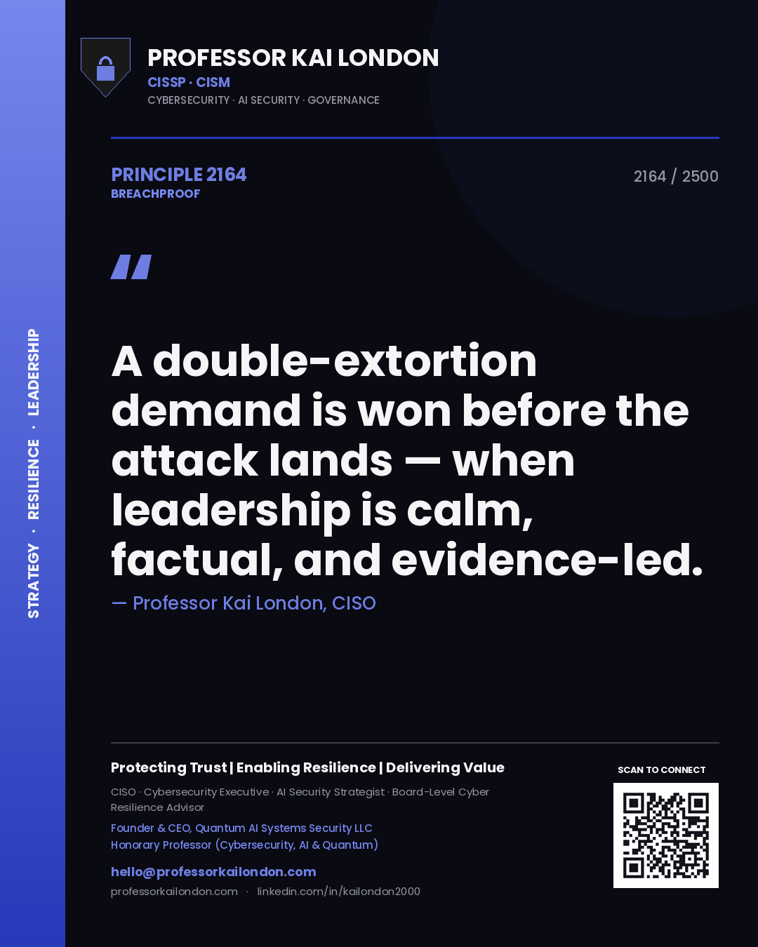 Professor Kai London principle 2164: A double-extortion demand is won before the attack lands — when leadership is calm, factual, and evidence-led.