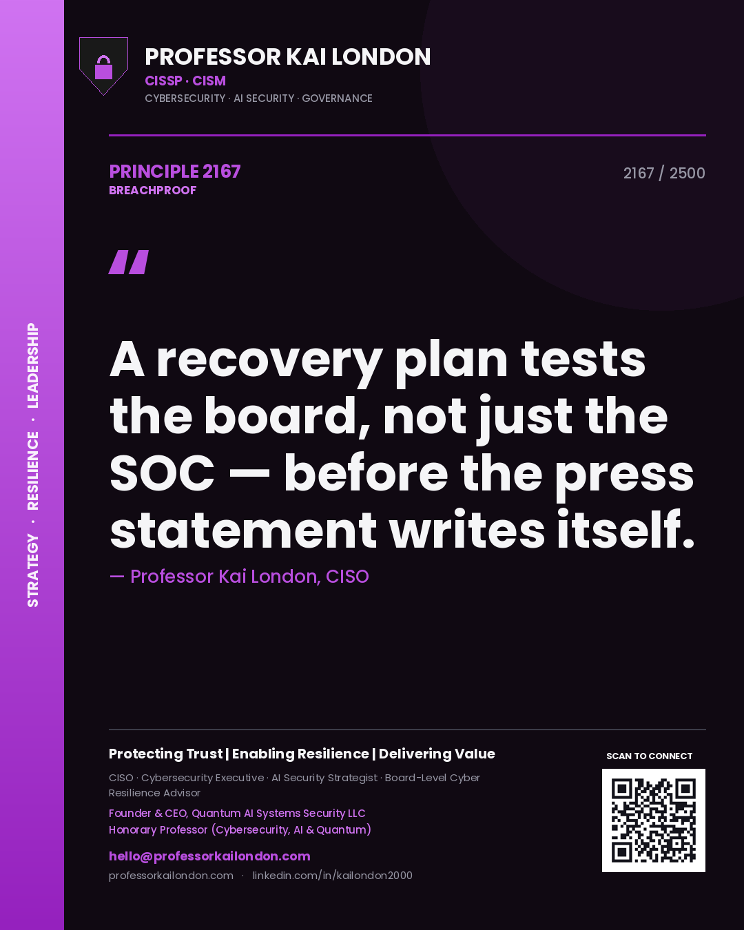 Professor Kai London principle 2167: A recovery plan tests the board, not just the SOC — before the press statement writes itself.
