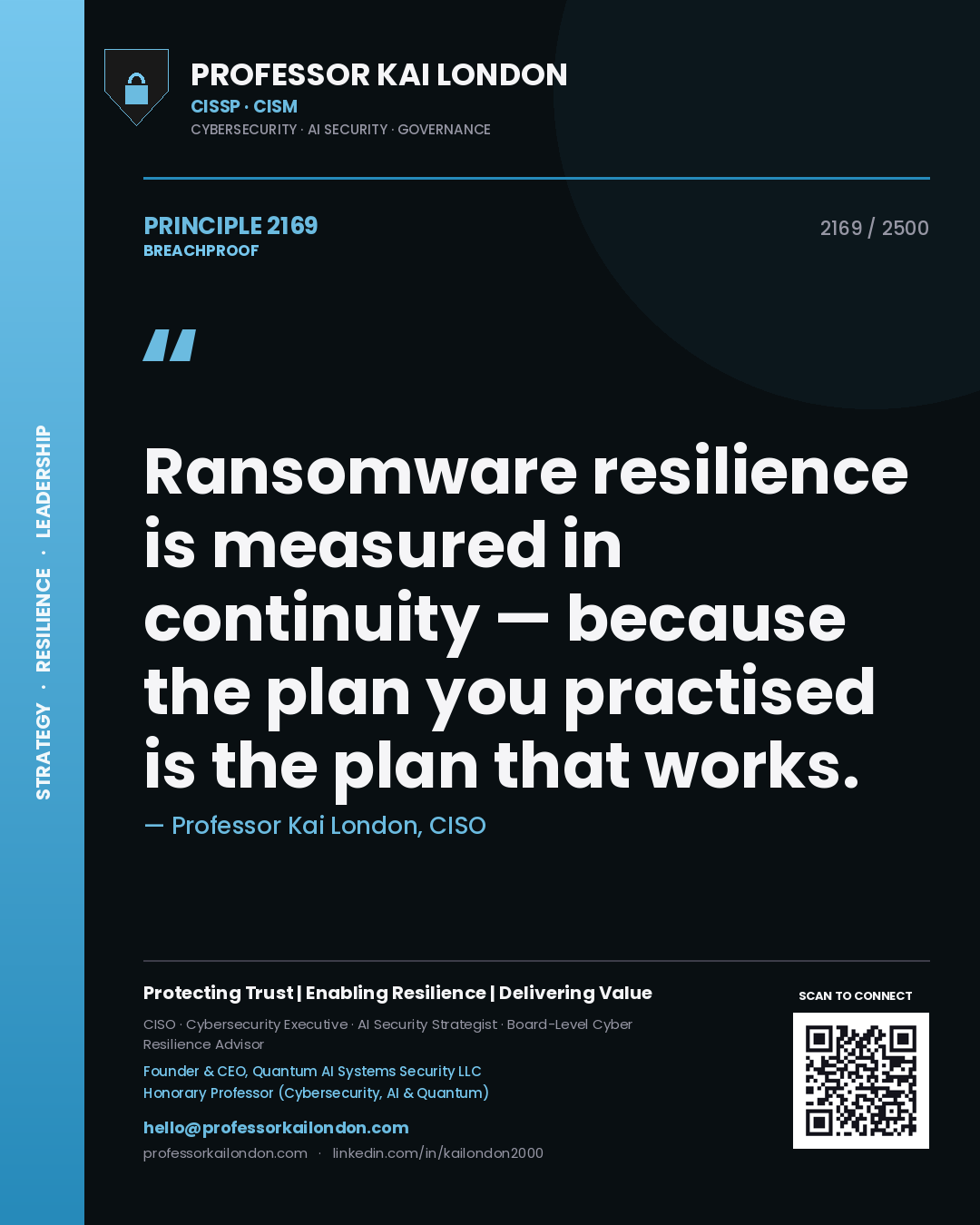 Professor Kai London principle 2169: Ransomware resilience is measured in continuity — because the plan you practised is the plan that works.