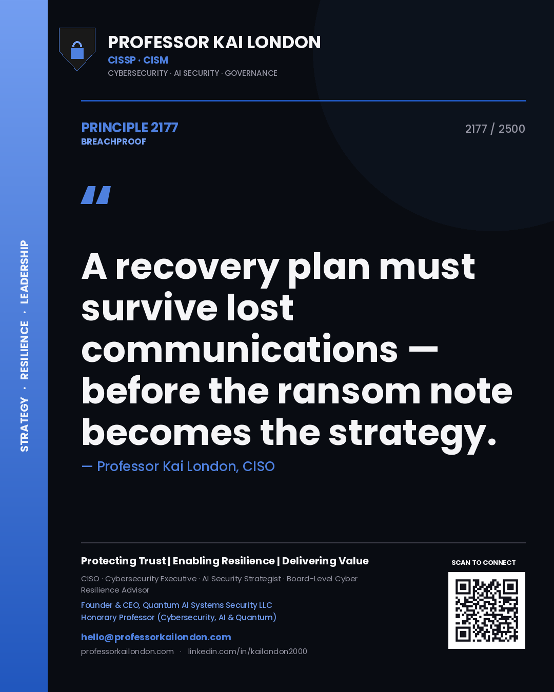 Professor Kai London principle 2177: A recovery plan must survive lost communications — before the ransom note becomes the strategy.
