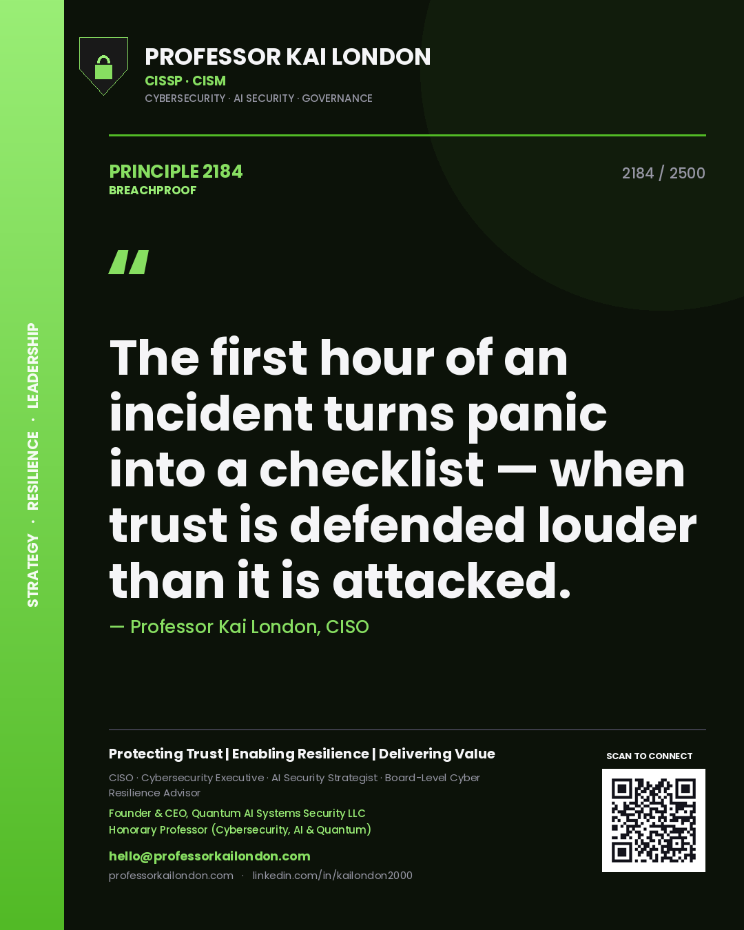 Professor Kai London principle 2184: The first hour of an incident turns panic into a checklist — when trust is defended louder than it is attacked.