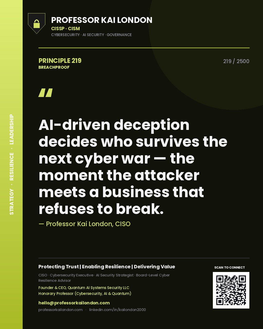 Professor Kai London principle 219: AI-driven deception decides who survives the next cyber war — the moment the attacker meets a business that refuses to break.
