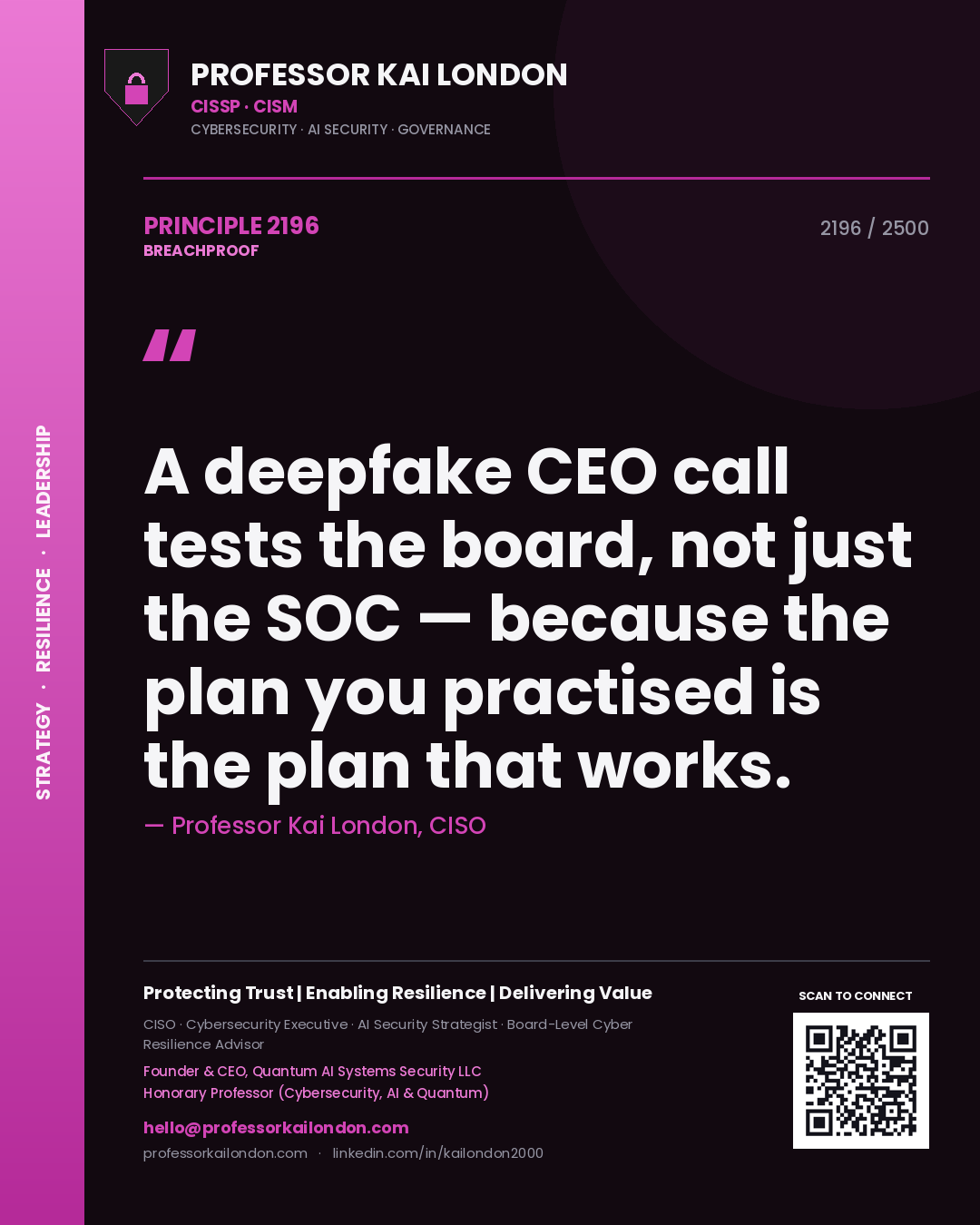 Professor Kai London principle 2196: A deepfake CEO call tests the board, not just the SOC — because the plan you practised is the plan that works.