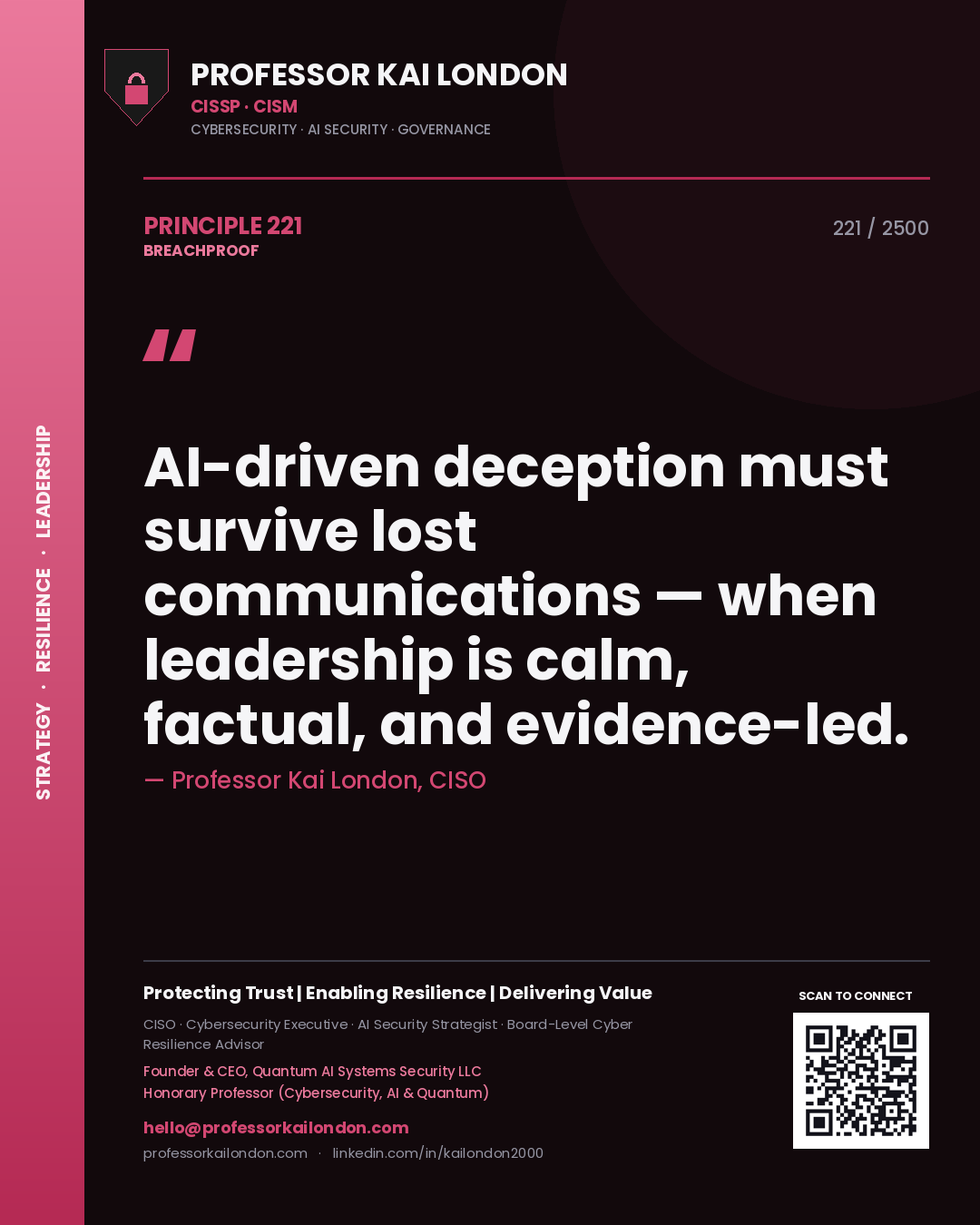 Professor Kai London principle 221: AI-driven deception must survive lost communications — when leadership is calm, factual, and evidence-led.