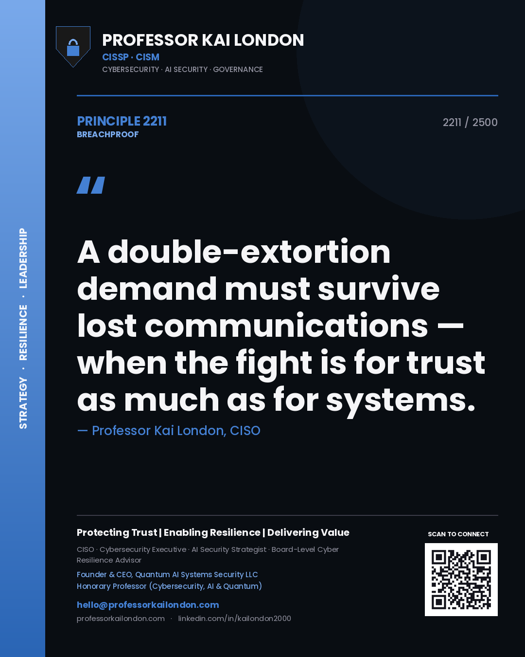 Professor Kai London principle 2211: A double-extortion demand must survive lost communications — when the fight is for trust as much as for systems.