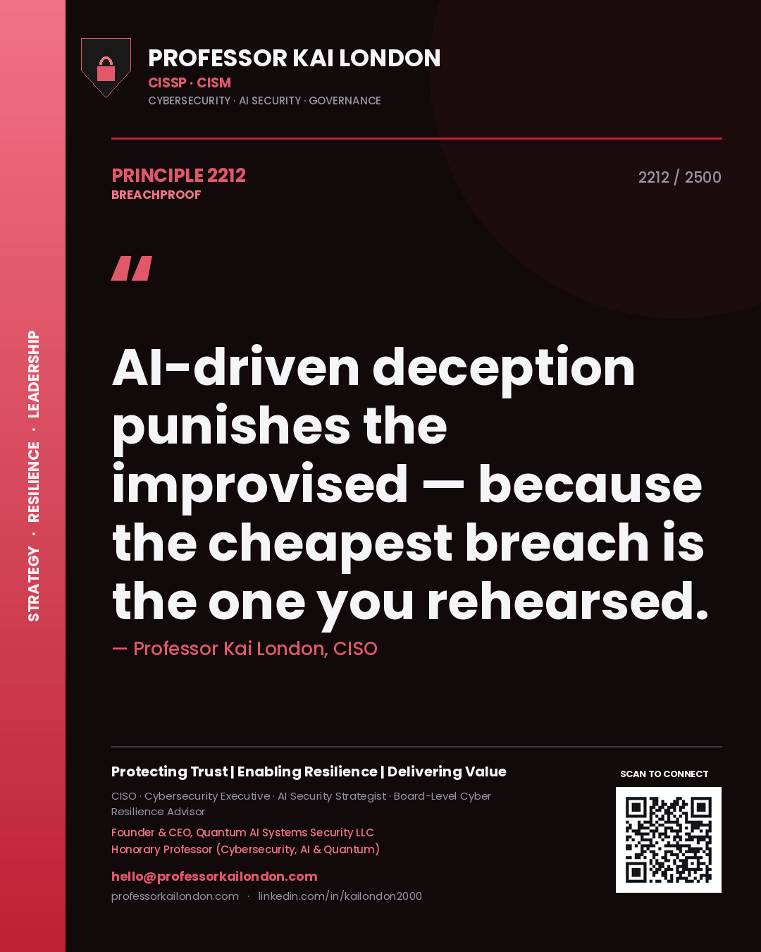 Professor Kai London principle 2212: AI-driven deception punishes the improvised — because the cheapest breach is the one you rehearsed.