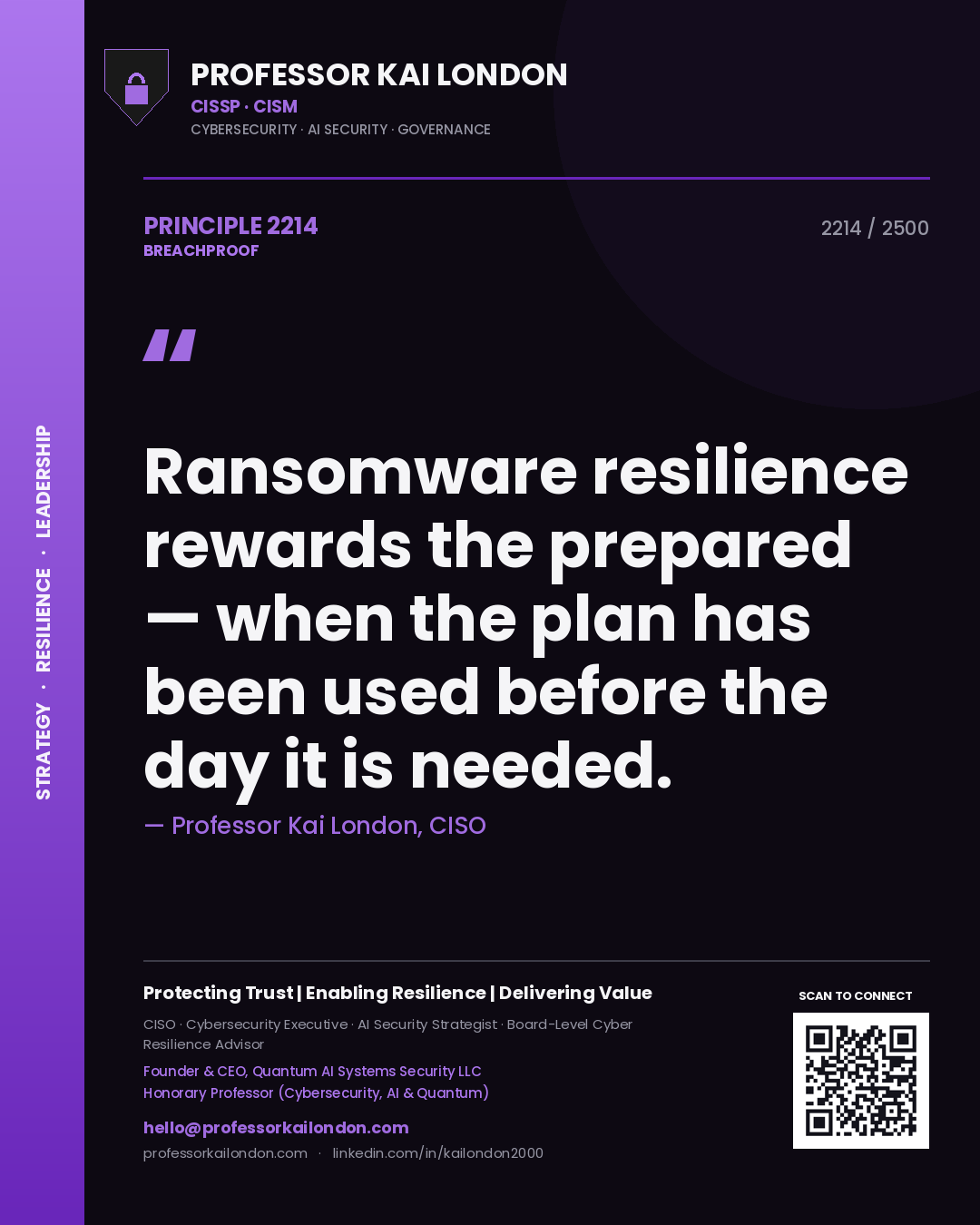 Professor Kai London principle 2214: Ransomware resilience rewards the prepared — when the plan has been used before the day it is needed.
