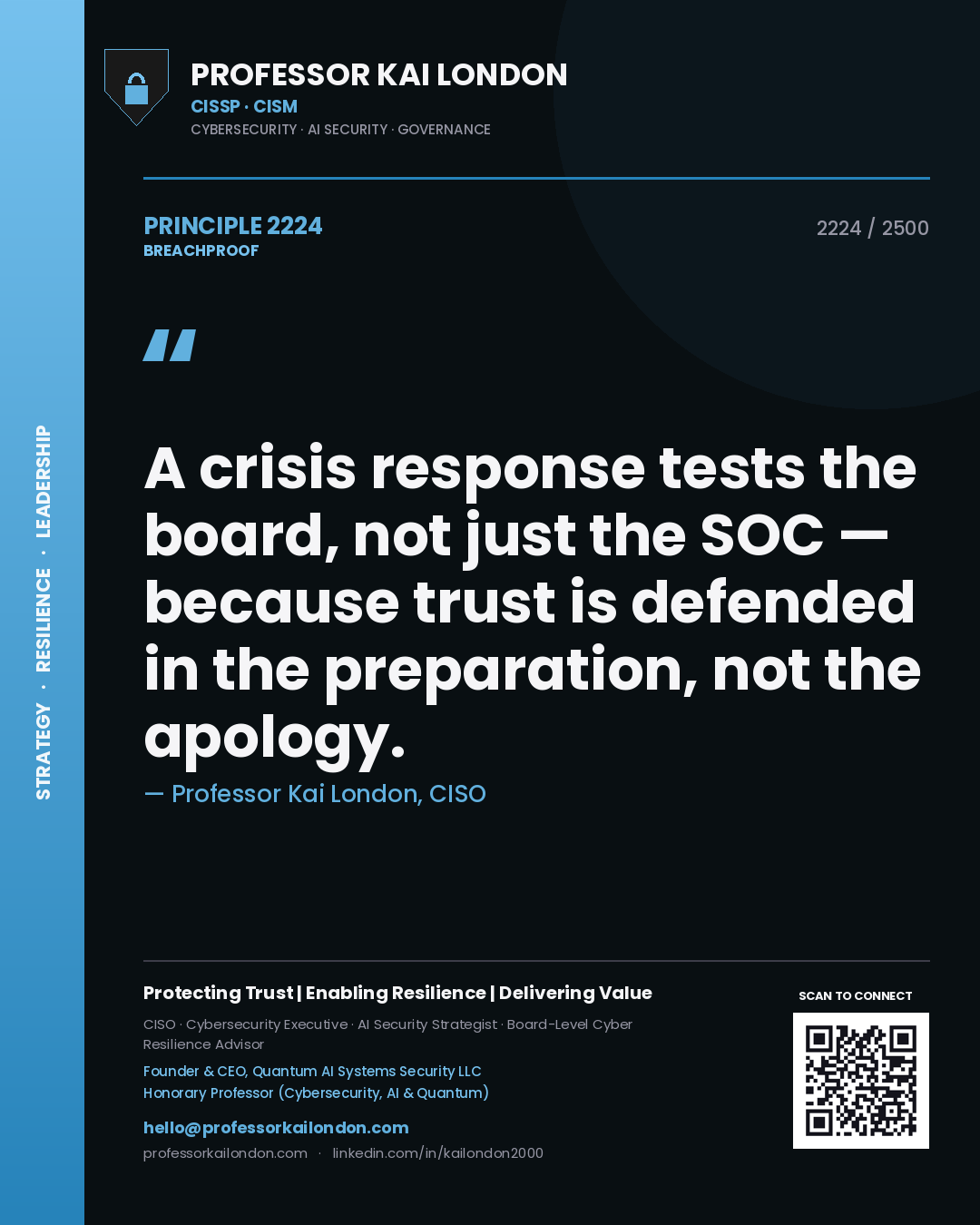 Professor Kai London principle 2224: A crisis response tests the board, not just the SOC — because trust is defended in the preparation, not the apology.