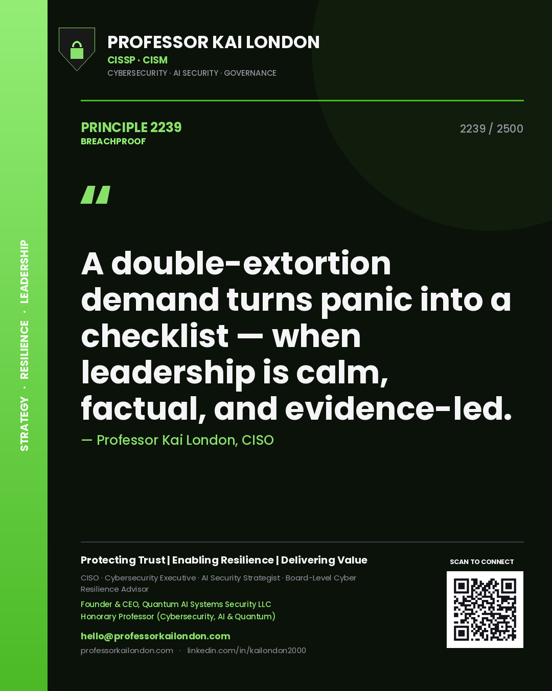 Professor Kai London principle 2239: A double-extortion demand turns panic into a checklist — when leadership is calm, factual, and evidence-led.