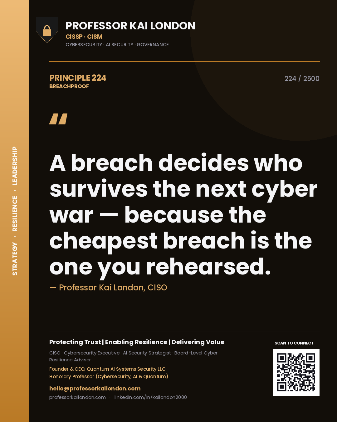 Professor Kai London principle 224: A breach decides who survives the next cyber war — because the cheapest breach is the one you rehearsed.
