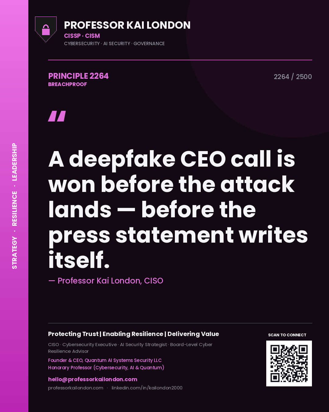 Professor Kai London principle 2264: A deepfake CEO call is won before the attack lands — before the press statement writes itself.