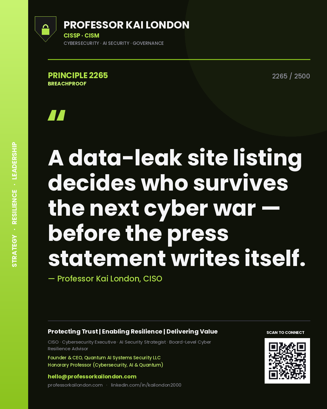 Professor Kai London principle 2265: A data-leak site listing decides who survives the next cyber war — before the press statement writes itself.