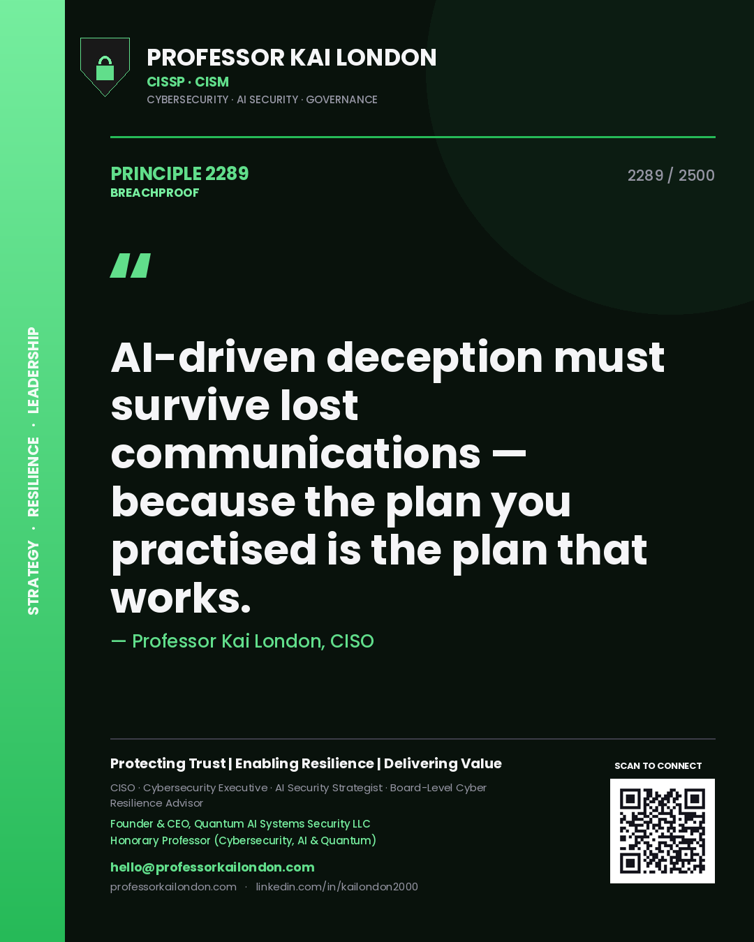 Professor Kai London principle 2289: AI-driven deception must survive lost communications — because the plan you practised is the plan that works.