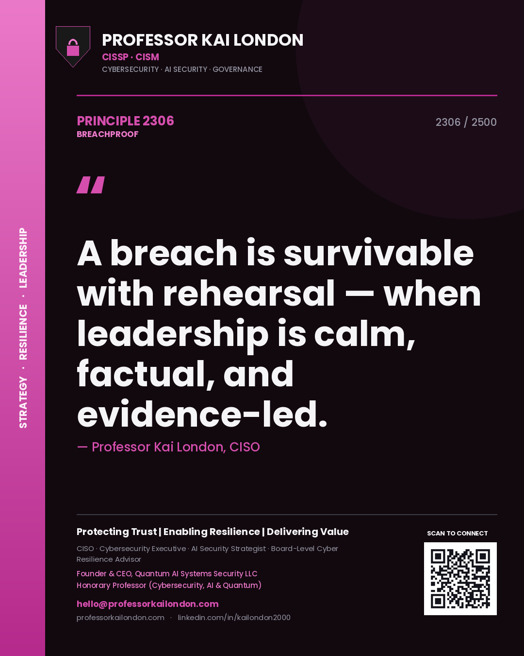 Professor Kai London principle 2306: A breach is survivable with rehearsal — when leadership is calm, factual, and evidence-led.
